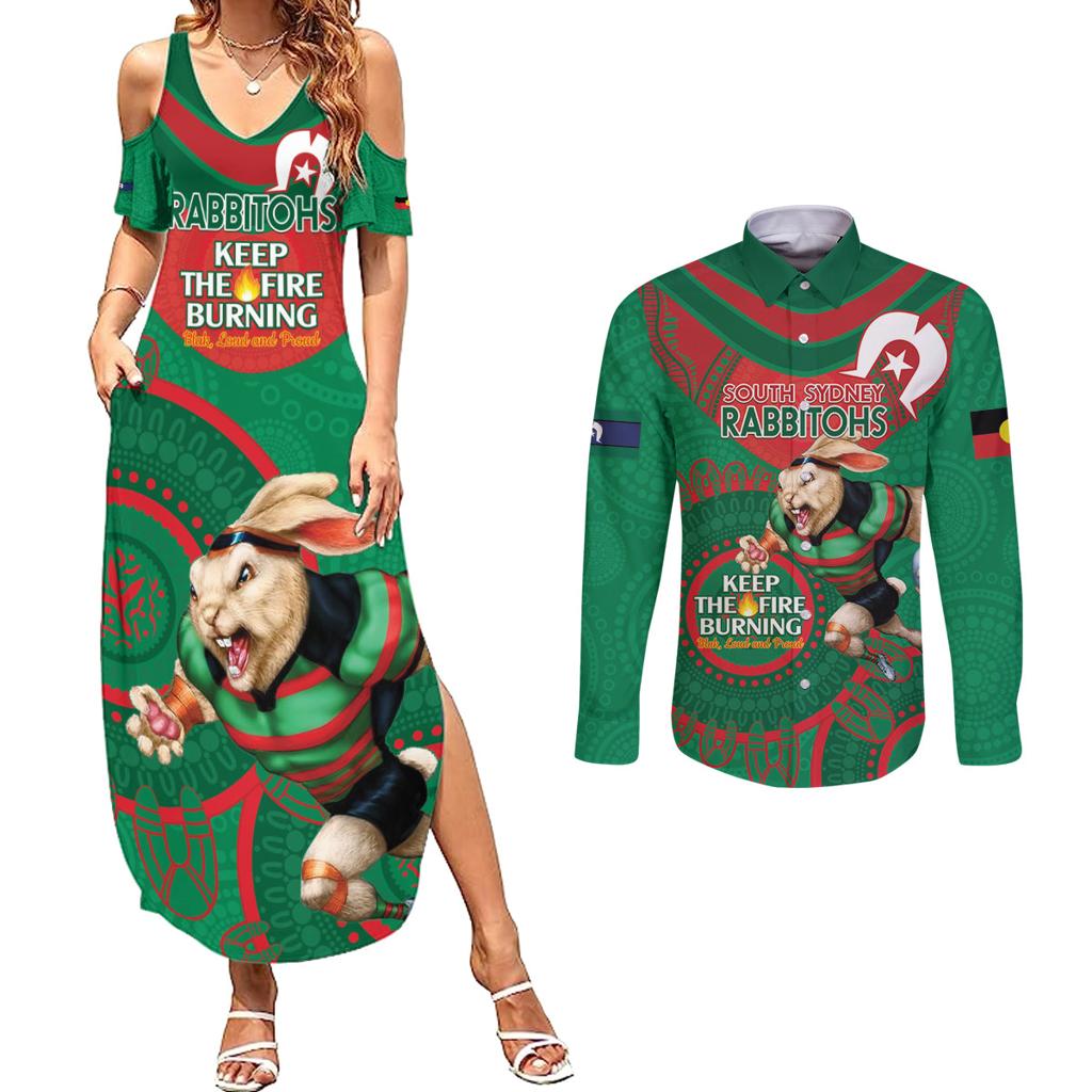 Custom NRL Rabbitohs NAIDOC Week Couples Matching Summer Maxi Dress and Long Sleeve Button Shirt Keep The Fire Burning Indigenous Art