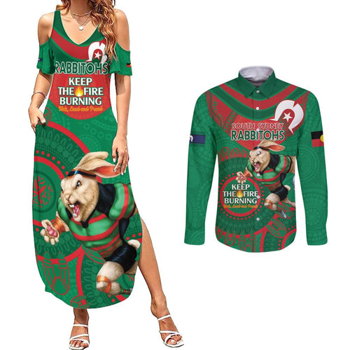 Custom NRL Rabbitohs NAIDOC Week Couples Matching Summer Maxi Dress and Long Sleeve Button Shirt Keep The Fire Burning Indigenous Art