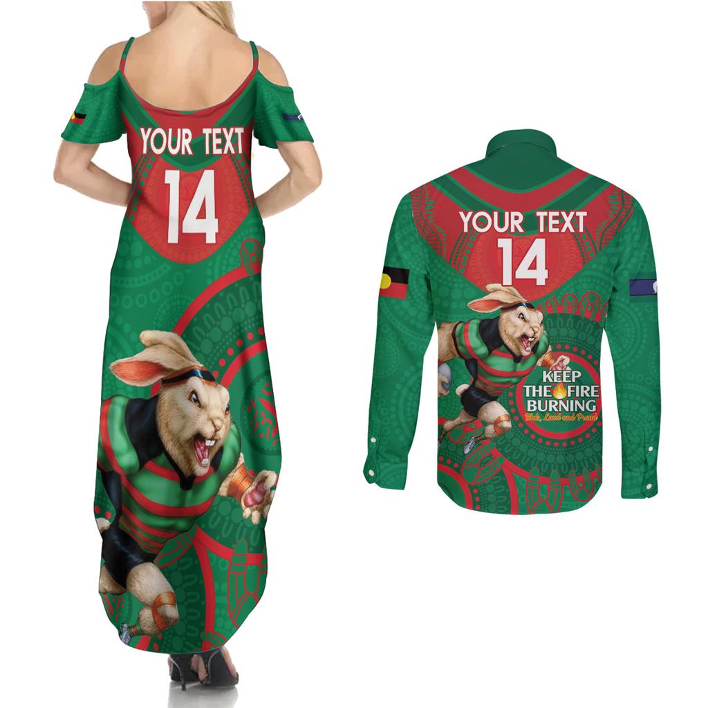 Custom NRL Rabbitohs NAIDOC Week Couples Matching Summer Maxi Dress and Long Sleeve Button Shirt Keep The Fire Burning Indigenous Art