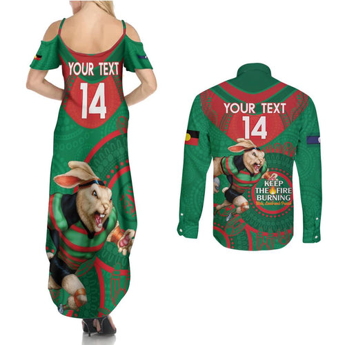 Custom NRL Rabbitohs NAIDOC Week Couples Matching Summer Maxi Dress and Long Sleeve Button Shirt Keep The Fire Burning Indigenous Art