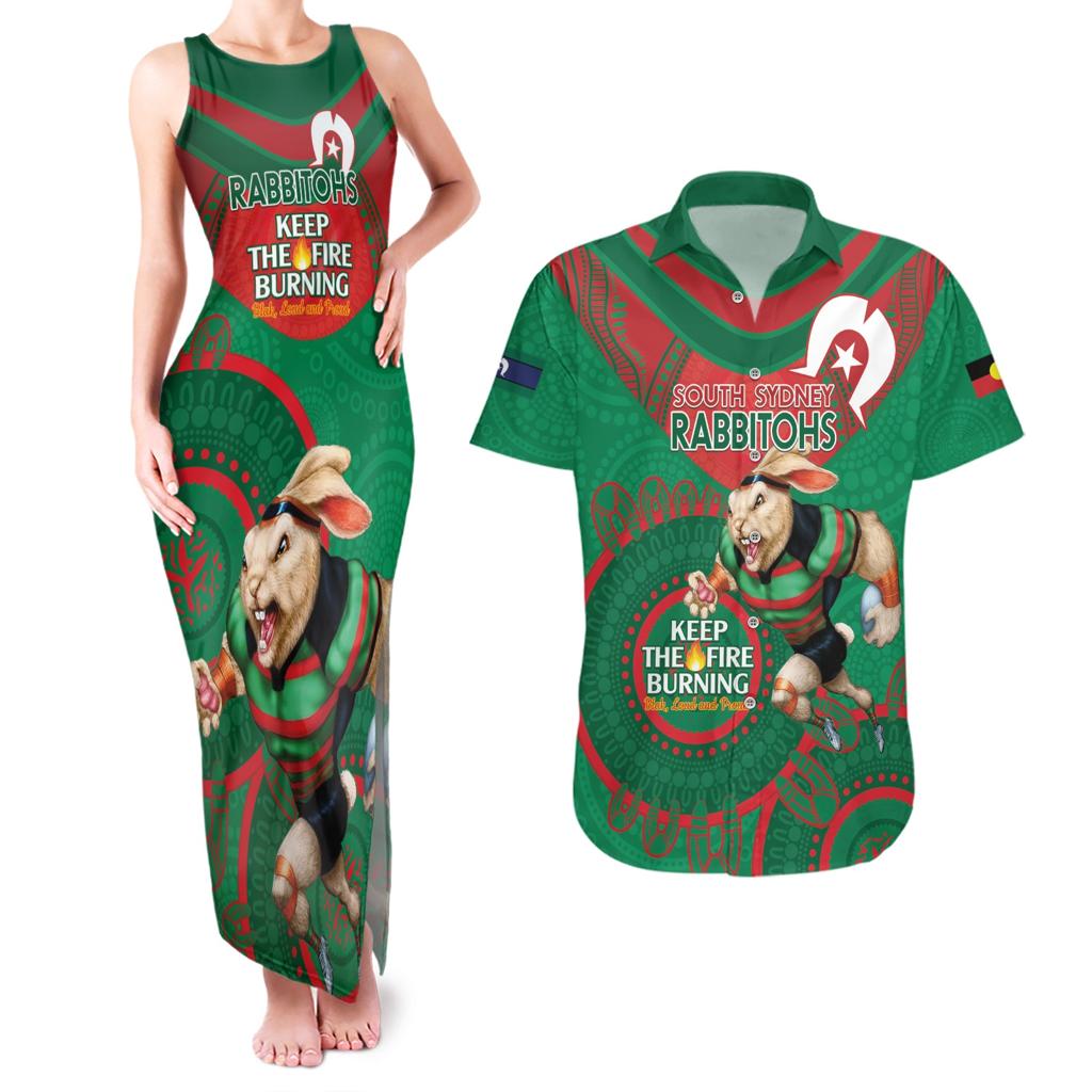 Custom NRL Rabbitohs NAIDOC Week Couples Matching Tank Maxi Dress and Hawaiian Shirt Keep The Fire Burning Indigenous Art