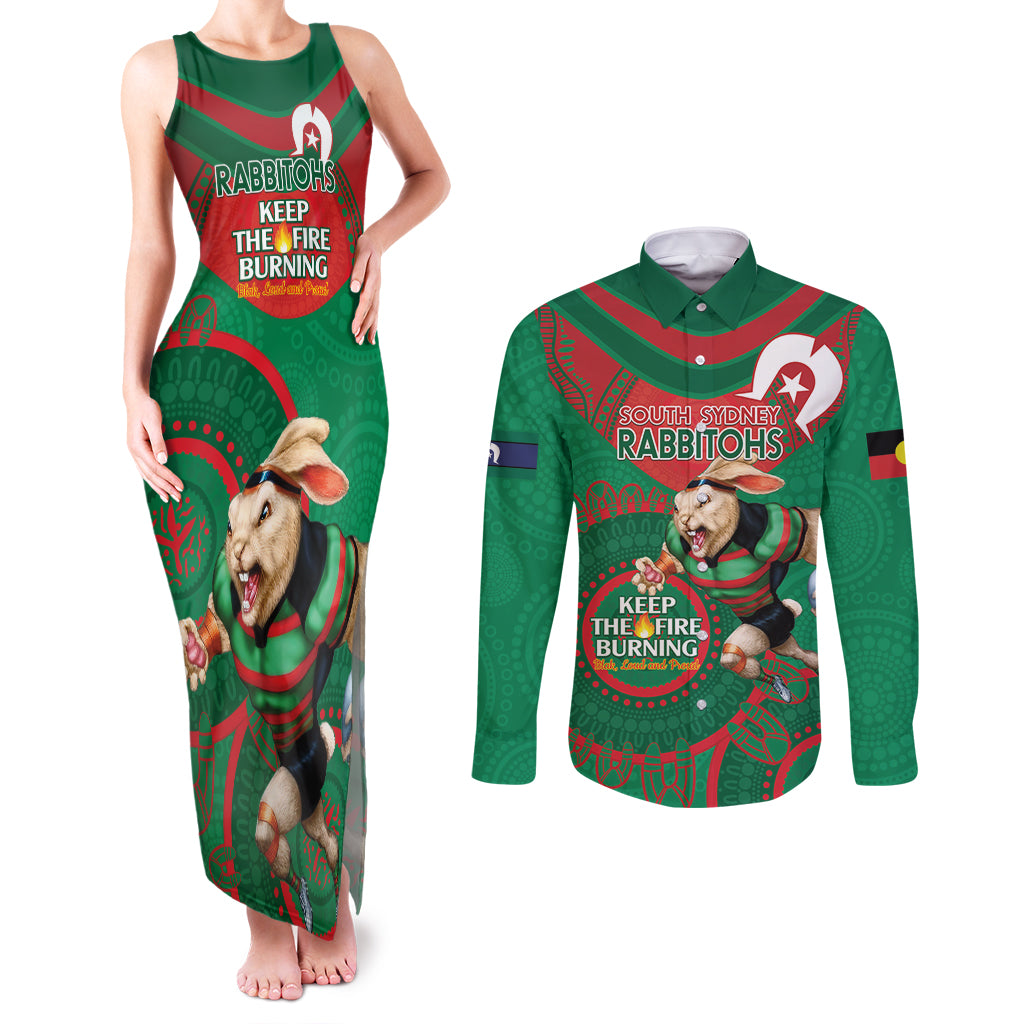 Custom NRL Rabbitohs NAIDOC Week Couples Matching Tank Maxi Dress and Long Sleeve Button Shirt Keep The Fire Burning Indigenous Art