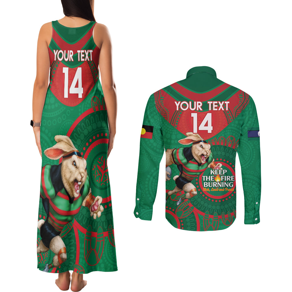 Custom NRL Rabbitohs NAIDOC Week Couples Matching Tank Maxi Dress and Long Sleeve Button Shirt Keep The Fire Burning Indigenous Art