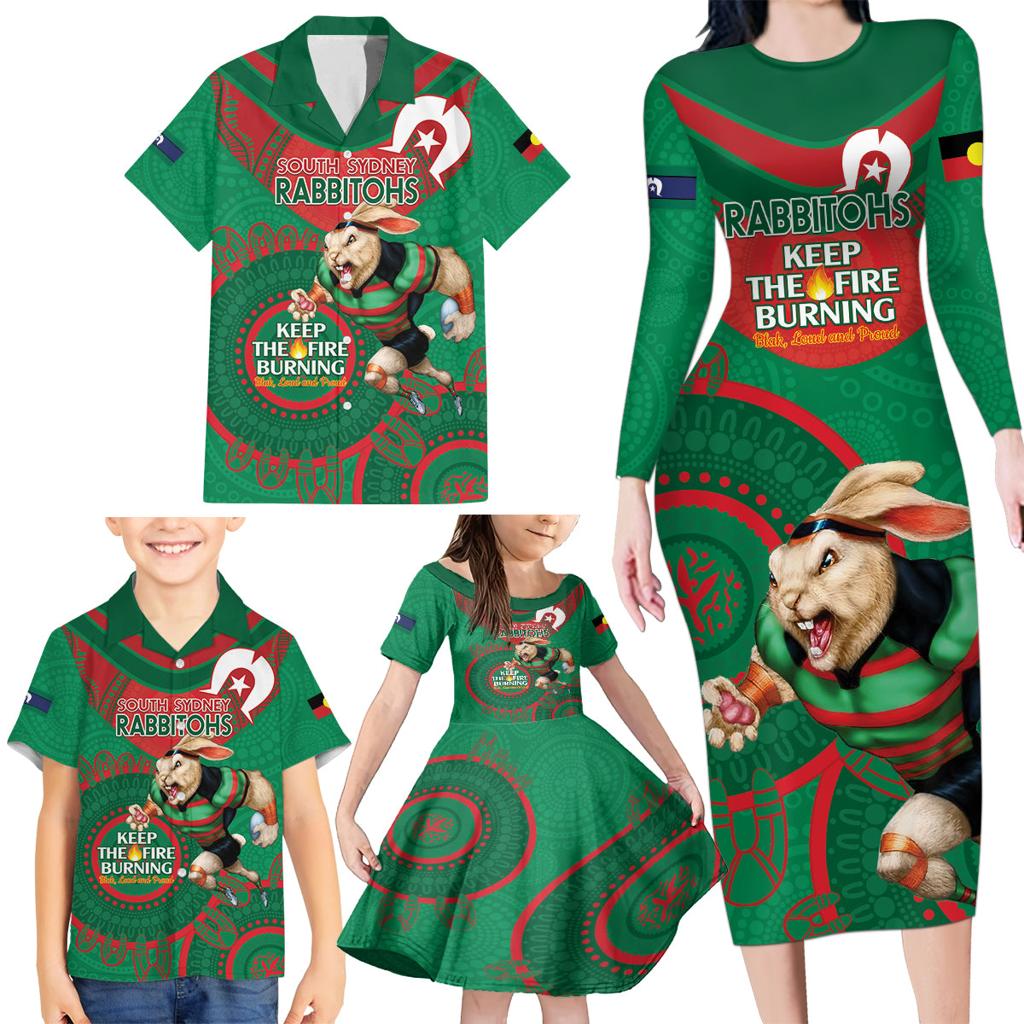 Custom NRL Rabbitohs NAIDOC Week Family Matching Long Sleeve Bodycon Dress and Hawaiian Shirt Keep The Fire Burning Indigenous Art