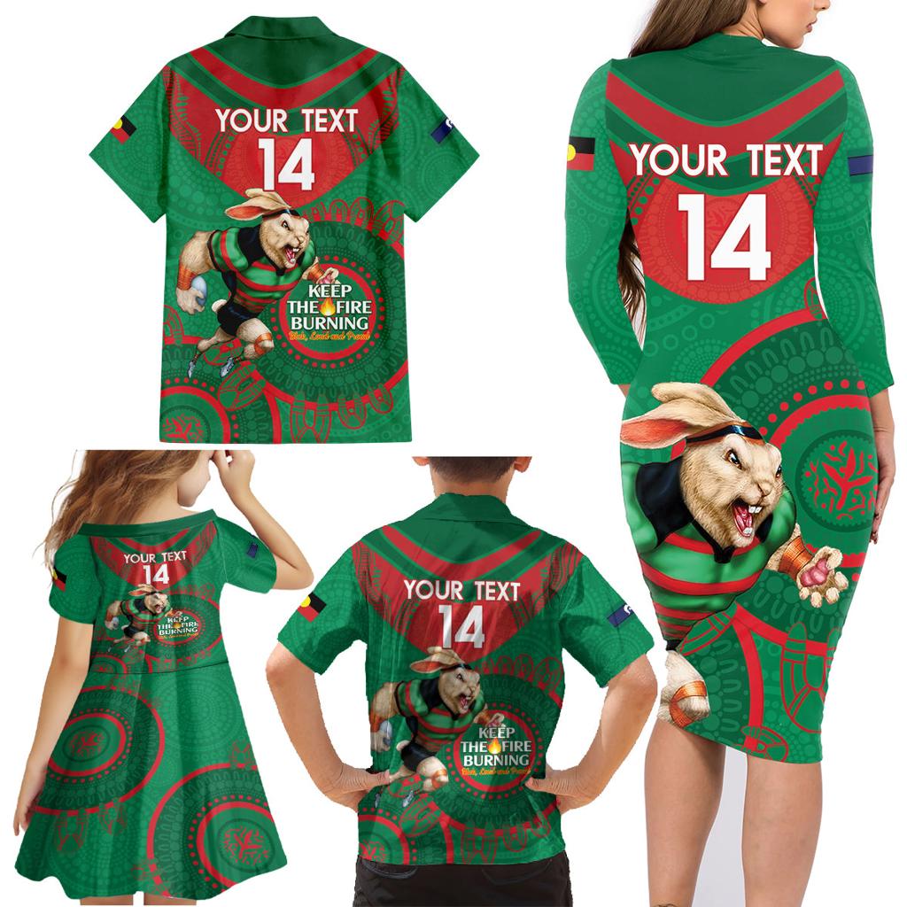 Custom NRL Rabbitohs NAIDOC Week Family Matching Long Sleeve Bodycon Dress and Hawaiian Shirt Keep The Fire Burning Indigenous Art