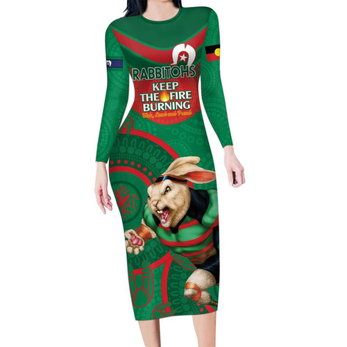 Custom NRL Rabbitohs NAIDOC Week Family Matching Long Sleeve Bodycon Dress and Hawaiian Shirt Keep The Fire Burning Indigenous Art