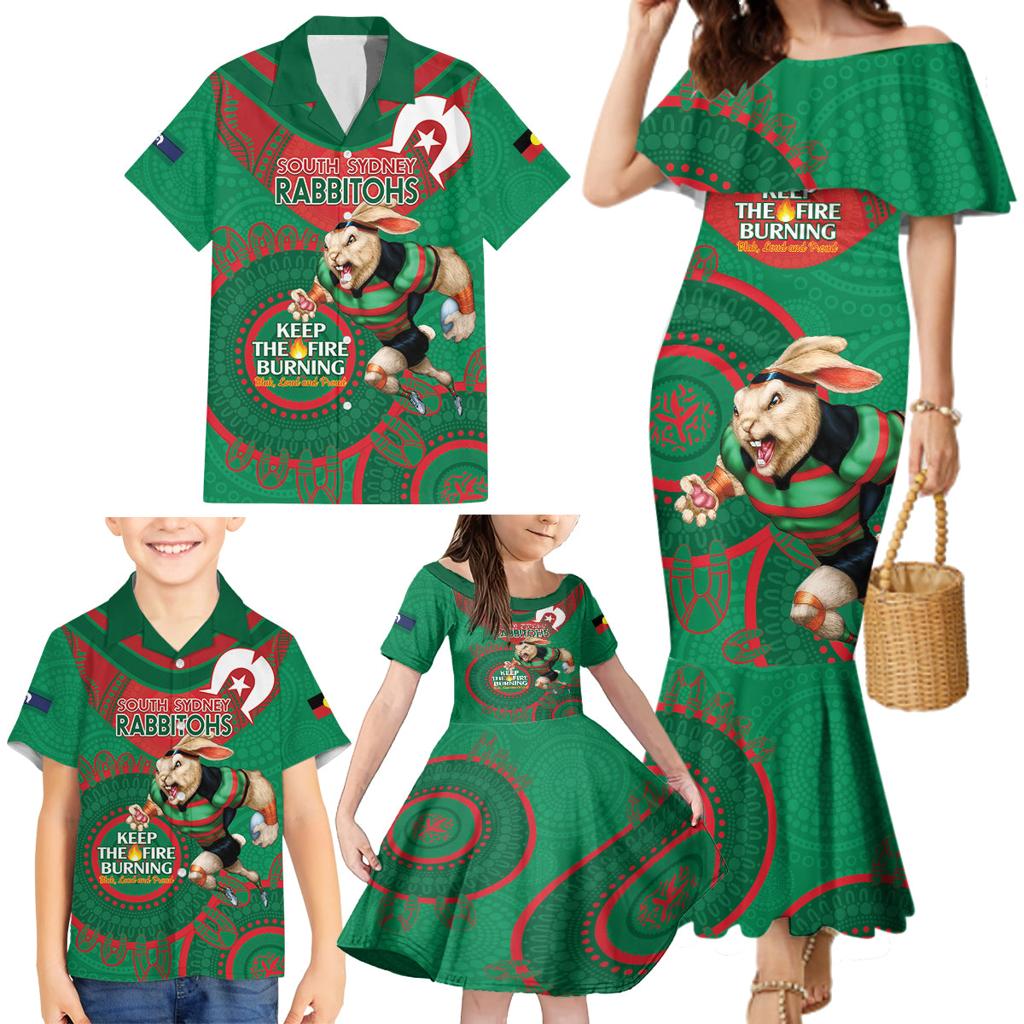 Custom NRL Rabbitohs NAIDOC Week Family Matching Mermaid Dress and Hawaiian Shirt Keep The Fire Burning Indigenous Art