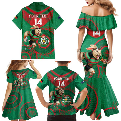 Custom NRL Rabbitohs NAIDOC Week Family Matching Mermaid Dress and Hawaiian Shirt Keep The Fire Burning Indigenous Art