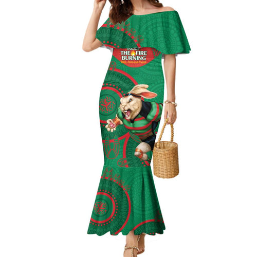 Custom NRL Rabbitohs NAIDOC Week Family Matching Mermaid Dress and Hawaiian Shirt Keep The Fire Burning Indigenous Art