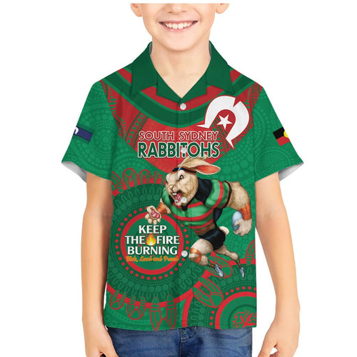 Custom NRL Rabbitohs NAIDOC Week Family Matching Mermaid Dress and Hawaiian Shirt Keep The Fire Burning Indigenous Art