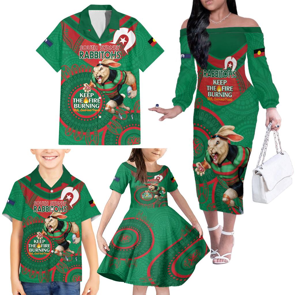 Custom NRL Rabbitohs NAIDOC Week Family Matching Off The Shoulder Long Sleeve Dress and Hawaiian Shirt Keep The Fire Burning Indigenous Art