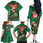 Custom NRL Rabbitohs NAIDOC Week Family Matching Off The Shoulder Long Sleeve Dress and Hawaiian Shirt Keep The Fire Burning Indigenous Art