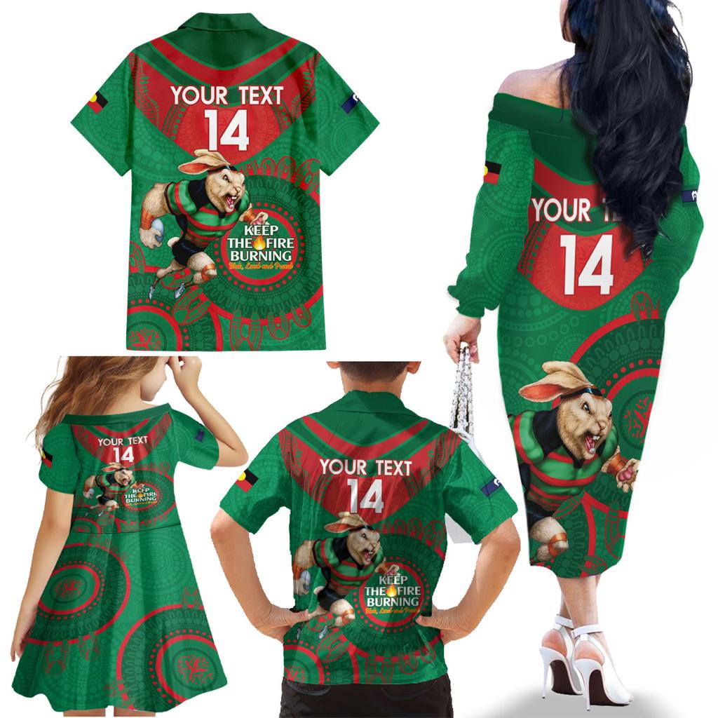 Custom NRL Rabbitohs NAIDOC Week Family Matching Off The Shoulder Long Sleeve Dress and Hawaiian Shirt Keep The Fire Burning Indigenous Art