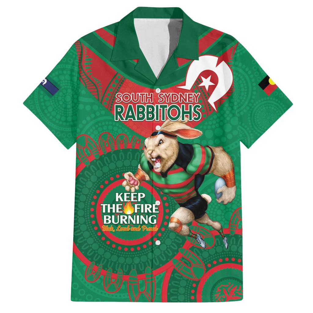 Custom NRL Rabbitohs NAIDOC Week Family Matching Off The Shoulder Long Sleeve Dress and Hawaiian Shirt Keep The Fire Burning Indigenous Art