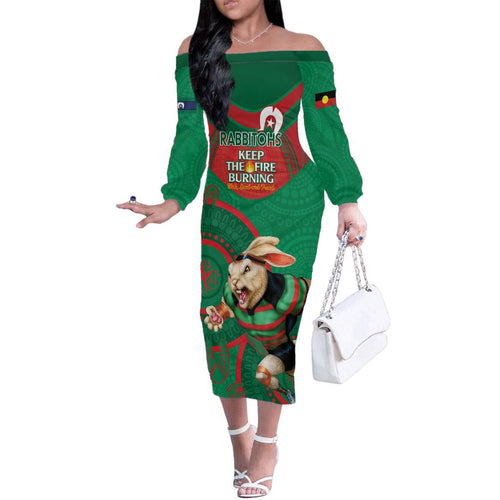 Custom NRL Rabbitohs NAIDOC Week Family Matching Off The Shoulder Long Sleeve Dress and Hawaiian Shirt Keep The Fire Burning Indigenous Art