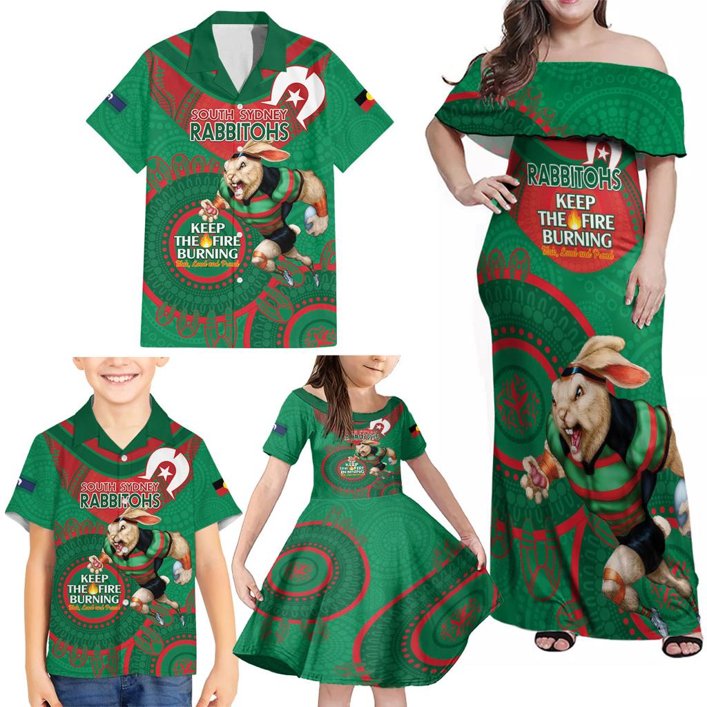 Custom NRL Rabbitohs NAIDOC Week Family Matching Off Shoulder Maxi Dress and Hawaiian Shirt Keep The Fire Burning Indigenous Art