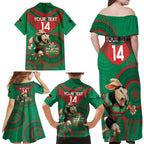 Custom NRL Rabbitohs NAIDOC Week Family Matching Off Shoulder Maxi Dress and Hawaiian Shirt Keep The Fire Burning Indigenous Art