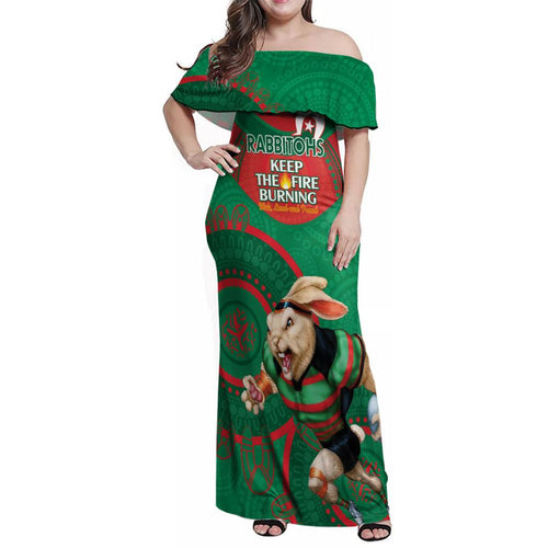 Custom NRL Rabbitohs NAIDOC Week Family Matching Off Shoulder Maxi Dress and Hawaiian Shirt Keep The Fire Burning Indigenous Art