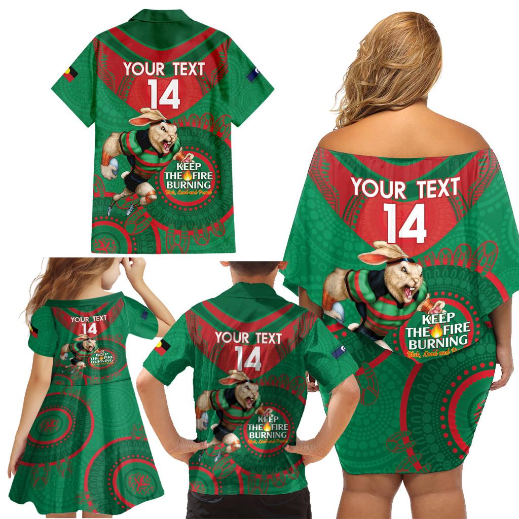 Custom NRL Rabbitohs NAIDOC Week Family Matching Off Shoulder Short Dress and Hawaiian Shirt Keep The Fire Burning Indigenous Art
