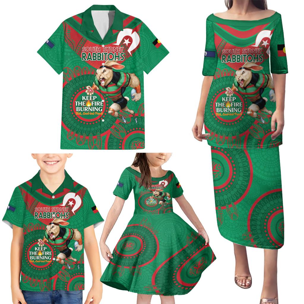 Custom NRL Rabbitohs NAIDOC Week Family Matching Puletasi and Hawaiian Shirt Keep The Fire Burning Indigenous Art