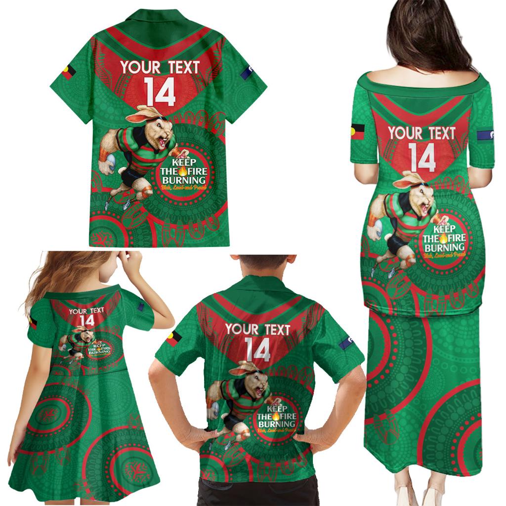 Custom NRL Rabbitohs NAIDOC Week Family Matching Puletasi and Hawaiian Shirt Keep The Fire Burning Indigenous Art