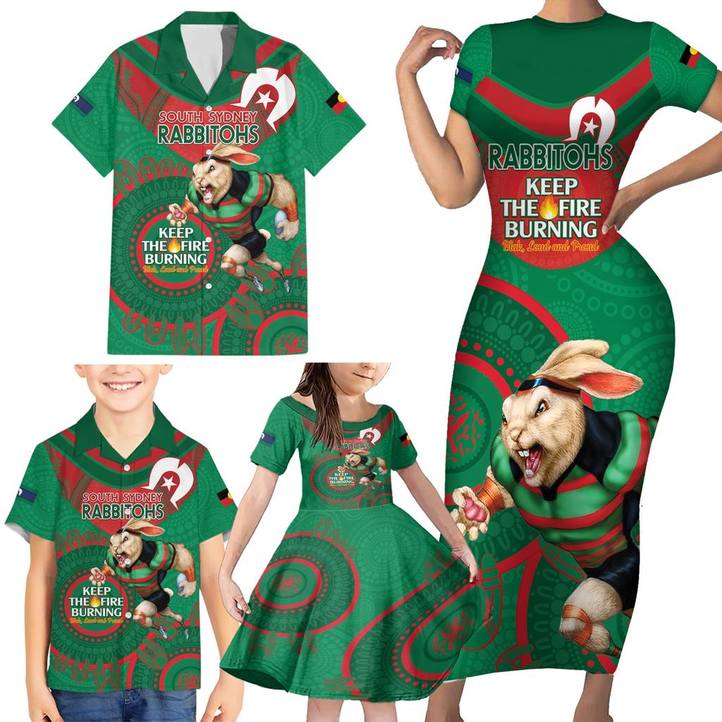 Custom NRL Rabbitohs NAIDOC Week Family Matching Short Sleeve Bodycon Dress and Hawaiian Shirt Keep The Fire Burning Indigenous Art