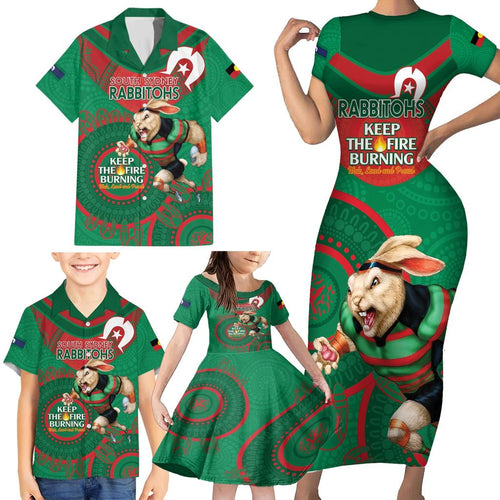 Custom NRL Rabbitohs NAIDOC Week Family Matching Short Sleeve Bodycon Dress and Hawaiian Shirt Keep The Fire Burning Indigenous Art