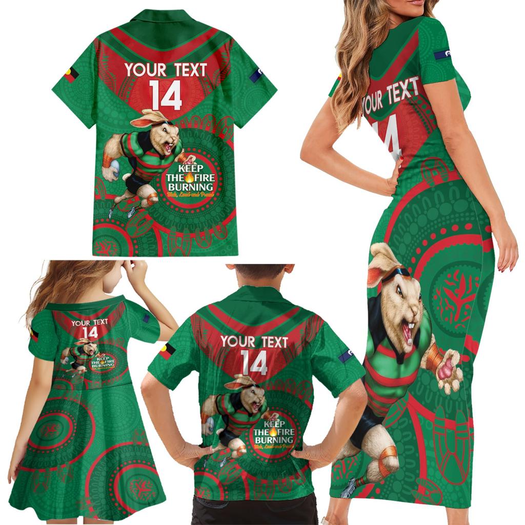Custom NRL Rabbitohs NAIDOC Week Family Matching Short Sleeve Bodycon Dress and Hawaiian Shirt Keep The Fire Burning Indigenous Art