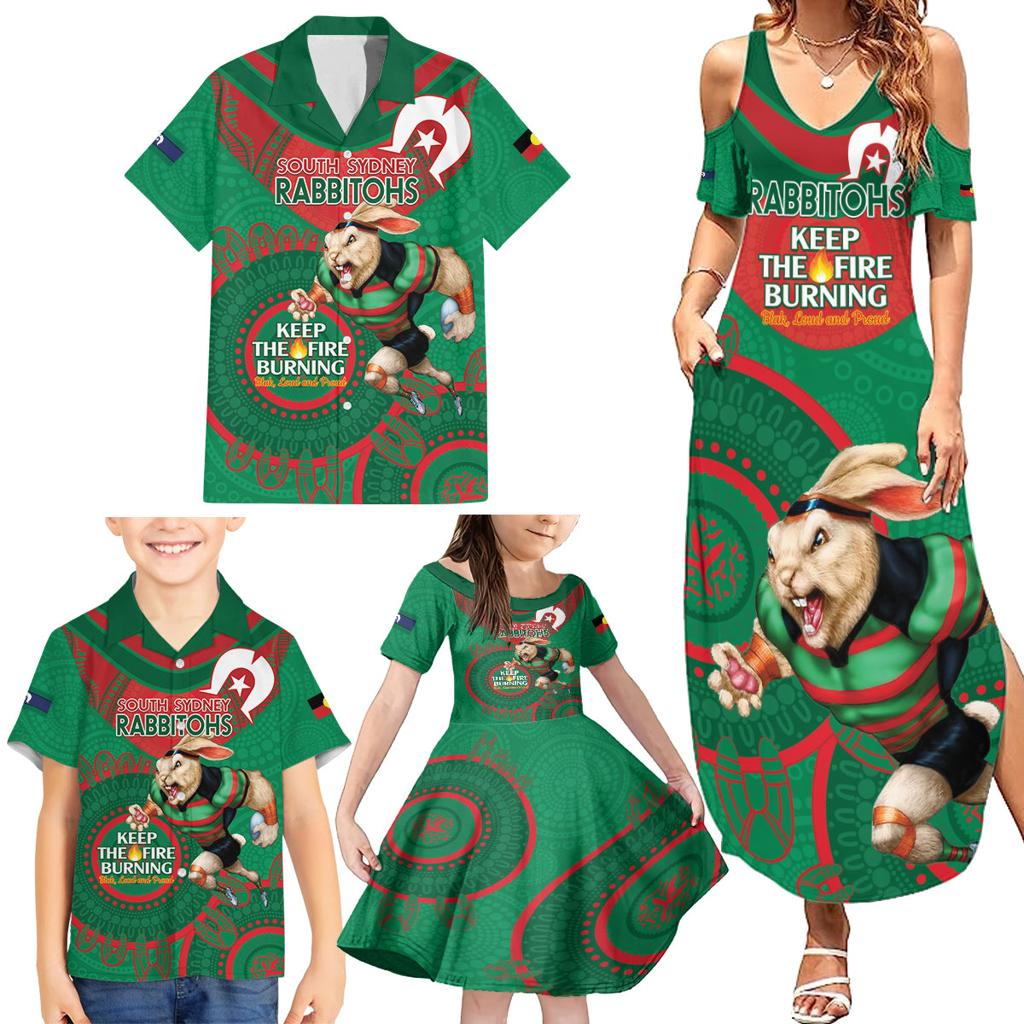 Custom NRL Rabbitohs NAIDOC Week Family Matching Summer Maxi Dress and Hawaiian Shirt Keep The Fire Burning Indigenous Art