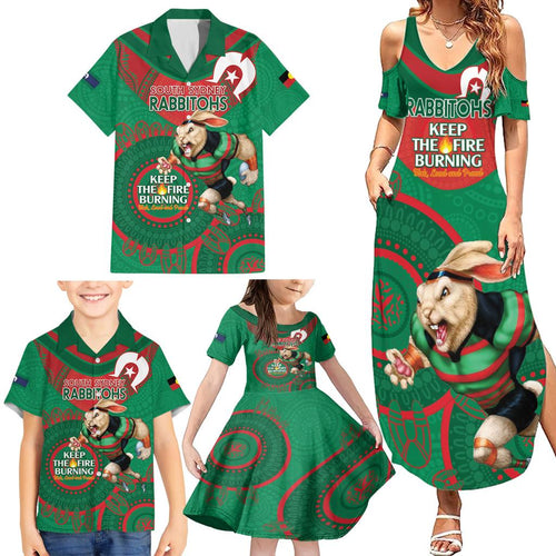 Custom NRL Rabbitohs NAIDOC Week Family Matching Summer Maxi Dress and Hawaiian Shirt Keep The Fire Burning Indigenous Art