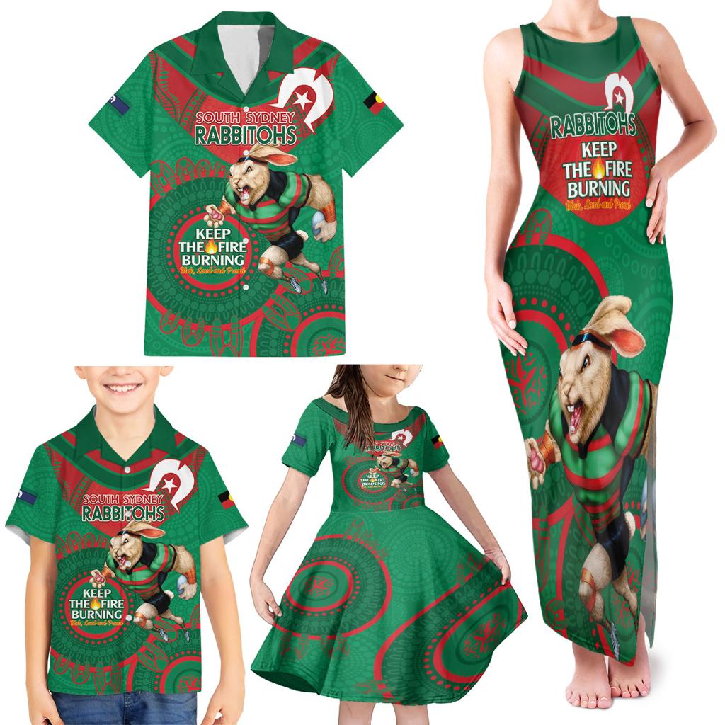 Custom NRL Rabbitohs NAIDOC Week Family Matching Tank Maxi Dress and Hawaiian Shirt Keep The Fire Burning Indigenous Art