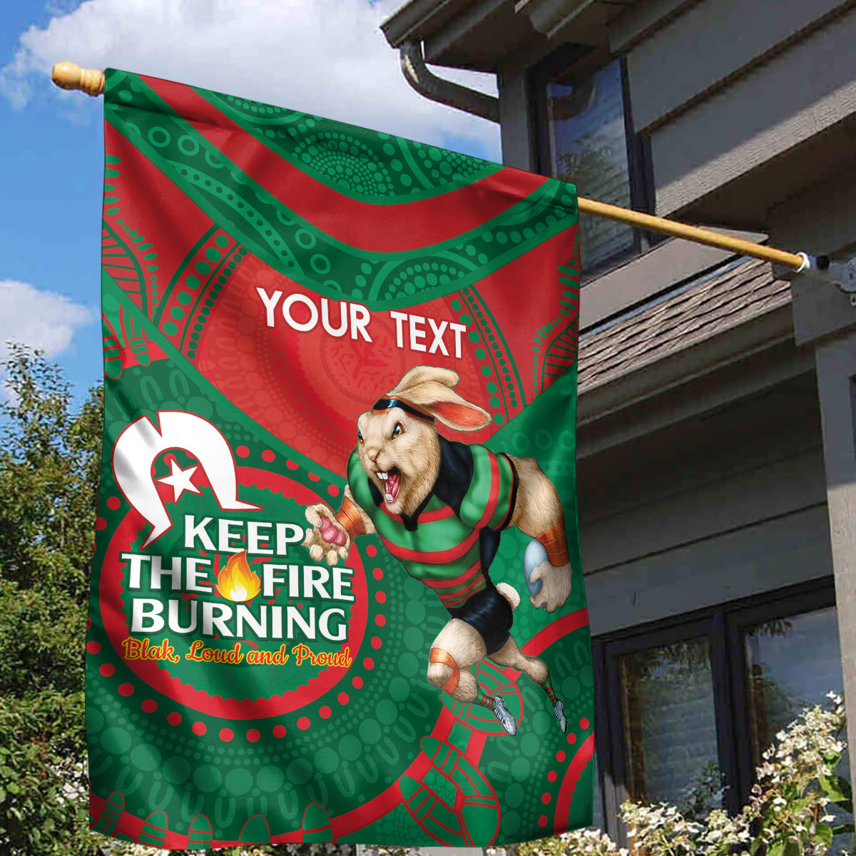 Custom NRL Rabbitohs NAIDOC Week Garden Flag Keep The Fire Burning Indigenous Art