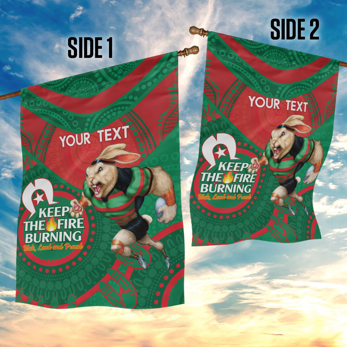 Custom NRL Rabbitohs NAIDOC Week Garden Flag Keep The Fire Burning Indigenous Art