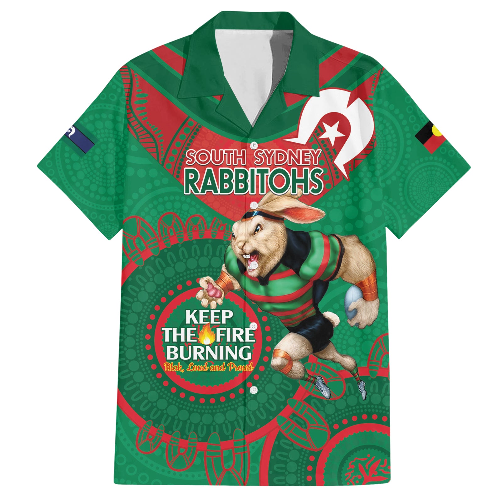 Custom NRL Rabbitohs NAIDOC Week Hawaiian Shirt Keep The Fire Burning Indigenous Art