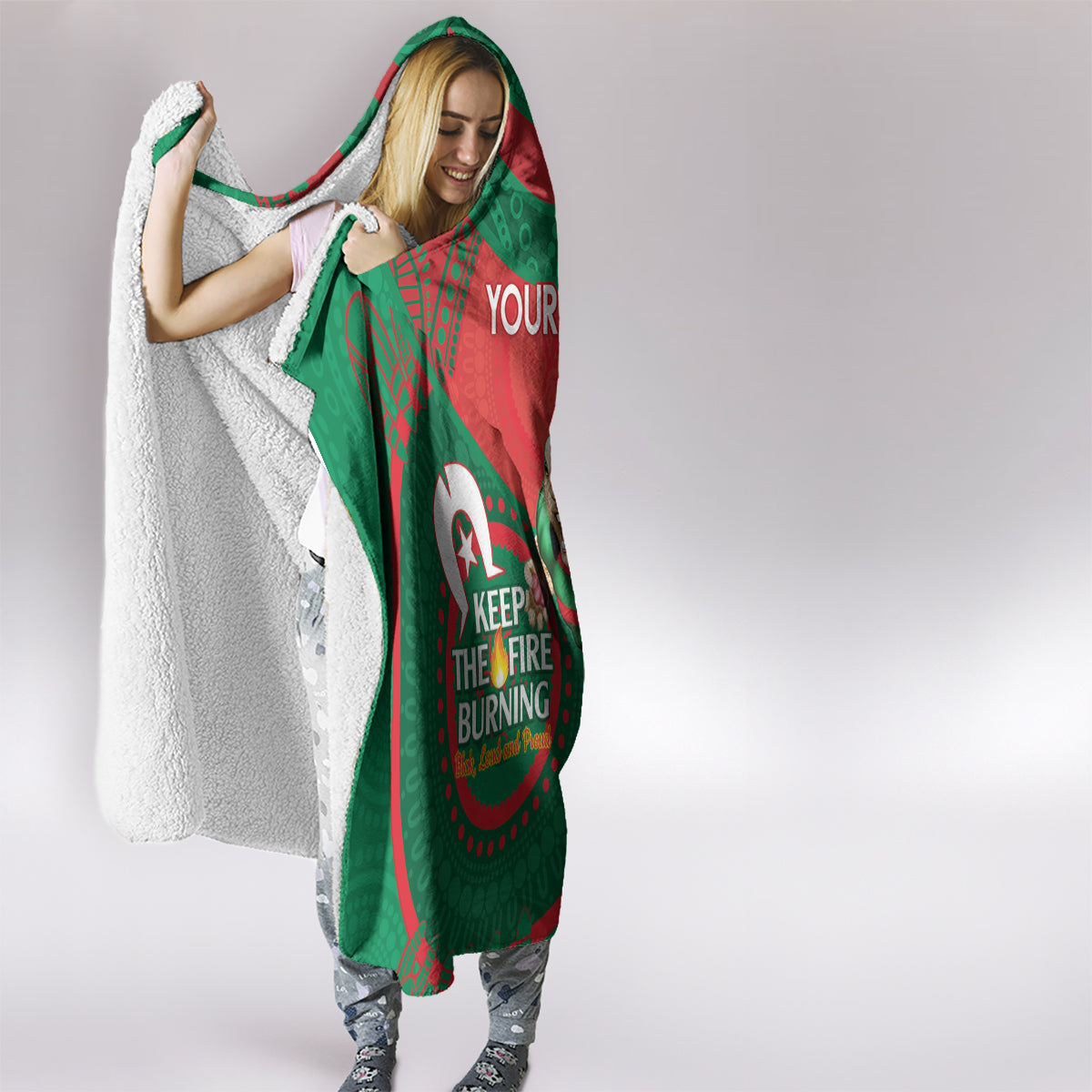 Custom NRL Rabbitohs NAIDOC Week Hooded Blanket Keep The Fire Burning Indigenous Art