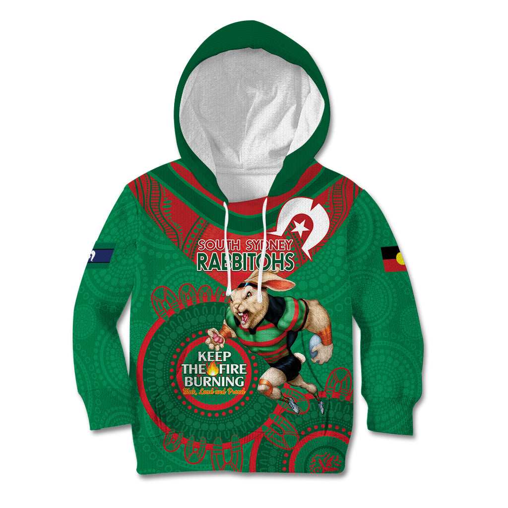 Custom NRL Rabbitohs NAIDOC Week Kid Hoodie Keep The Fire Burning Indigenous Art