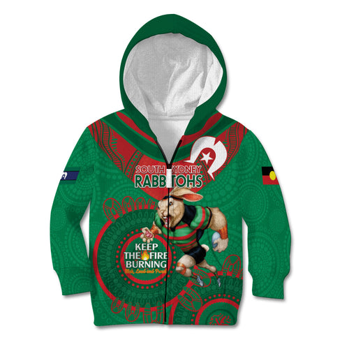 Custom NRL Rabbitohs NAIDOC Week Kid Hoodie Keep The Fire Burning Indigenous Art