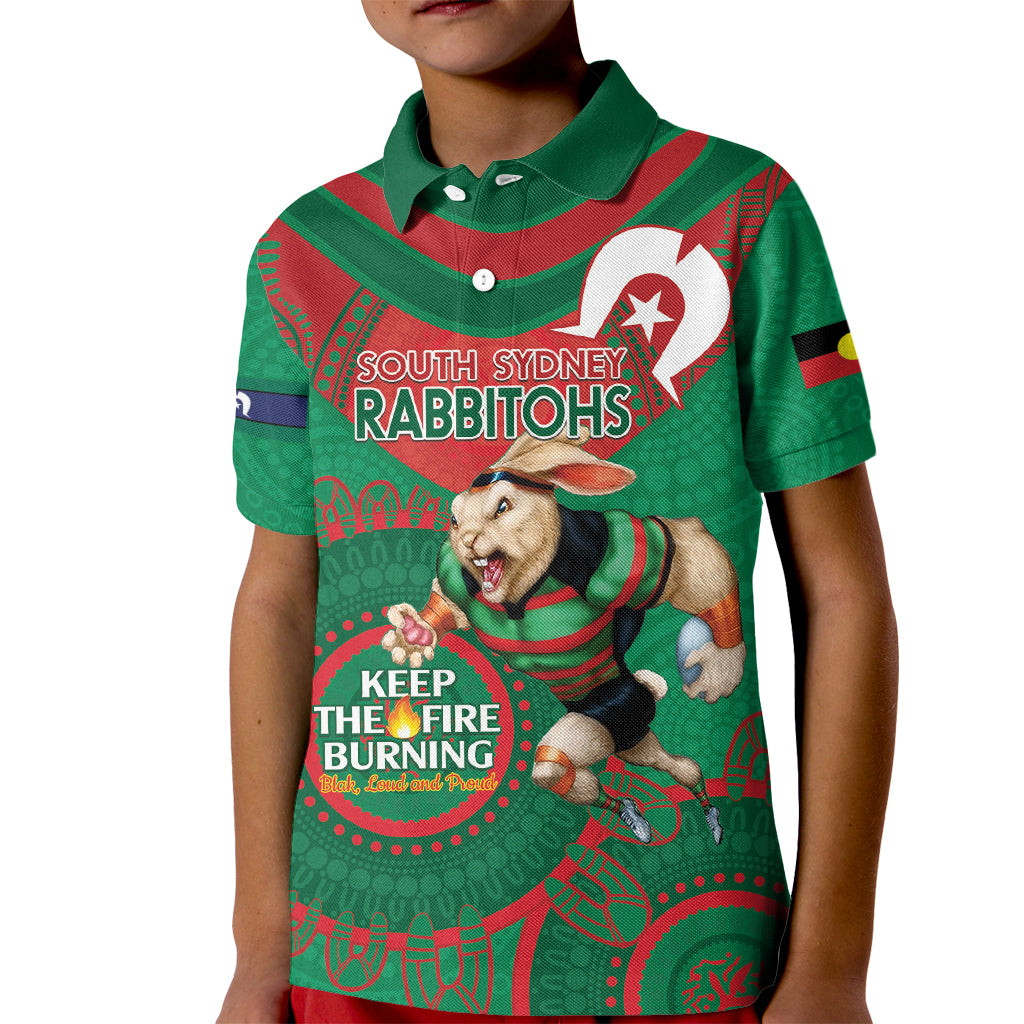 Custom NRL Rabbitohs NAIDOC Week Kid Polo Shirt Keep The Fire Burning Indigenous Art