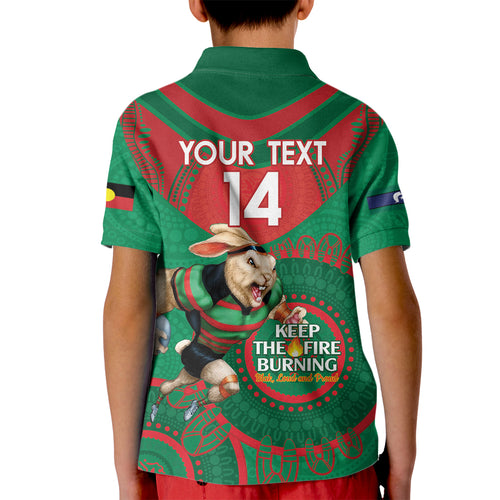 Custom NRL Rabbitohs NAIDOC Week Kid Polo Shirt Keep The Fire Burning Indigenous Art