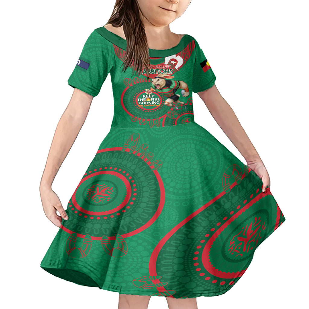 Custom NRL Rabbitohs NAIDOC Week Kid Short Sleeve Dress Keep The Fire Burning Indigenous Art