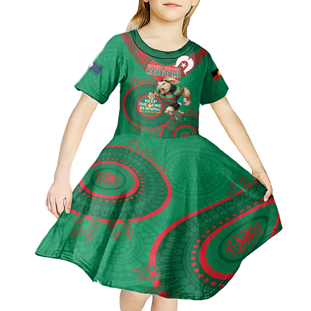 Custom NRL Rabbitohs NAIDOC Week Kid Short Sleeve Dress Keep The Fire Burning Indigenous Art
