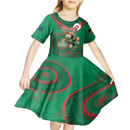 Custom NRL Rabbitohs NAIDOC Week Kid Short Sleeve Dress Keep The Fire Burning Indigenous Art