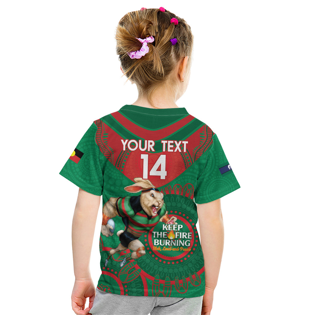 Custom NRL Rabbitohs NAIDOC Week Kid T Shirt Keep The Fire Burning Indigenous Art