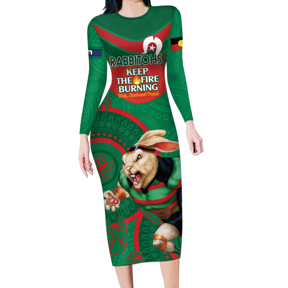 Custom NRL Rabbitohs NAIDOC Week Long Sleeve Bodycon Dress Keep The Fire Burning Indigenous Art
