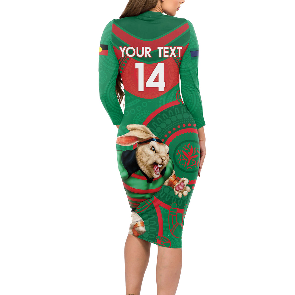 Custom NRL Rabbitohs NAIDOC Week Long Sleeve Bodycon Dress Keep The Fire Burning Indigenous Art