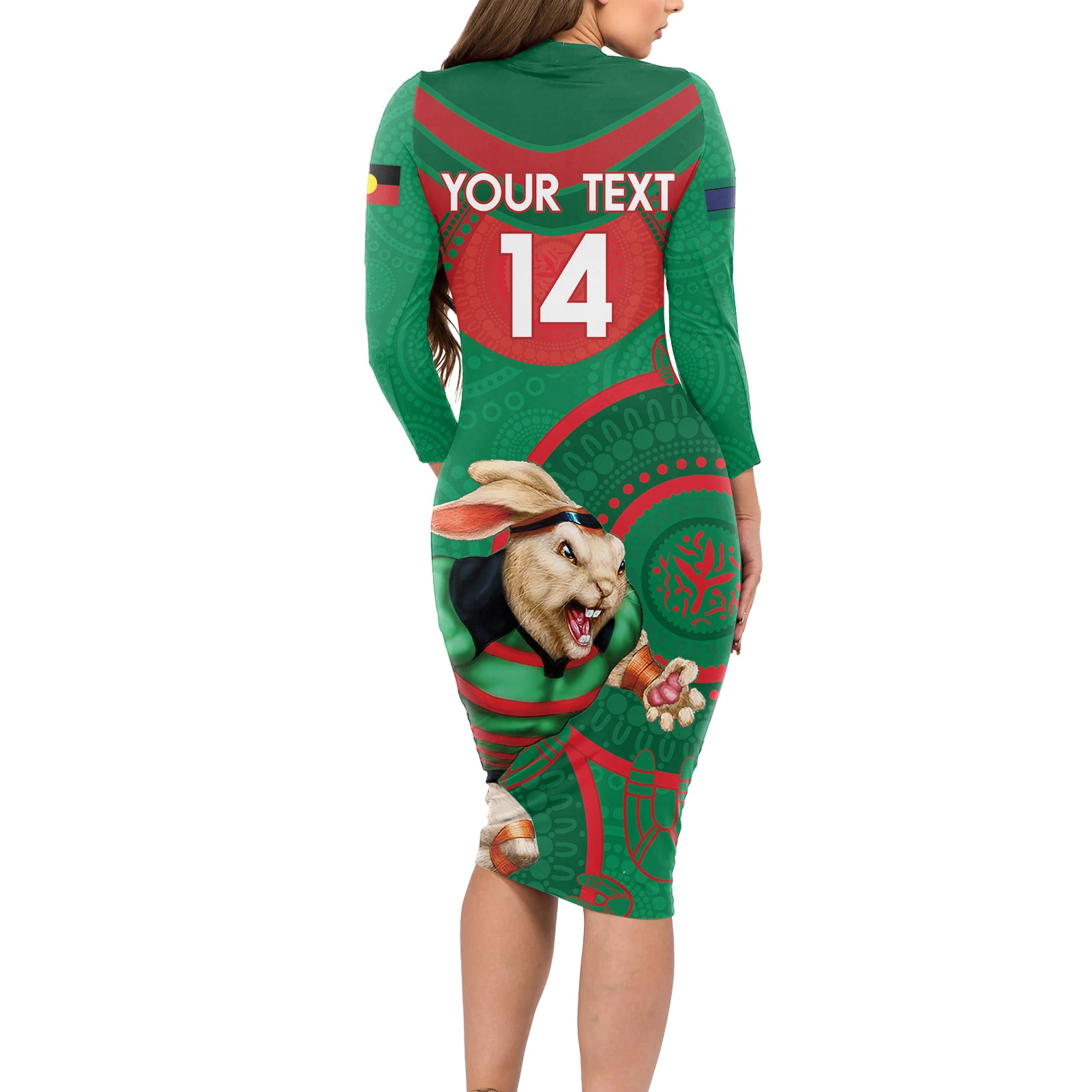 Custom NRL Rabbitohs NAIDOC Week Long Sleeve Bodycon Dress Keep The Fire Burning Indigenous Art