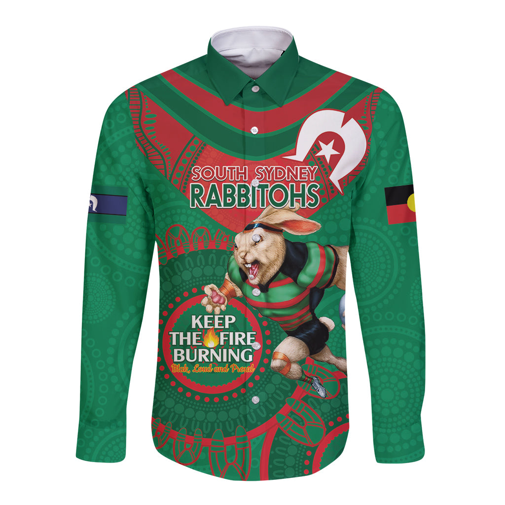 Custom NRL Rabbitohs NAIDOC Week Long Sleeve Button Shirt Keep The Fire Burning Indigenous Art