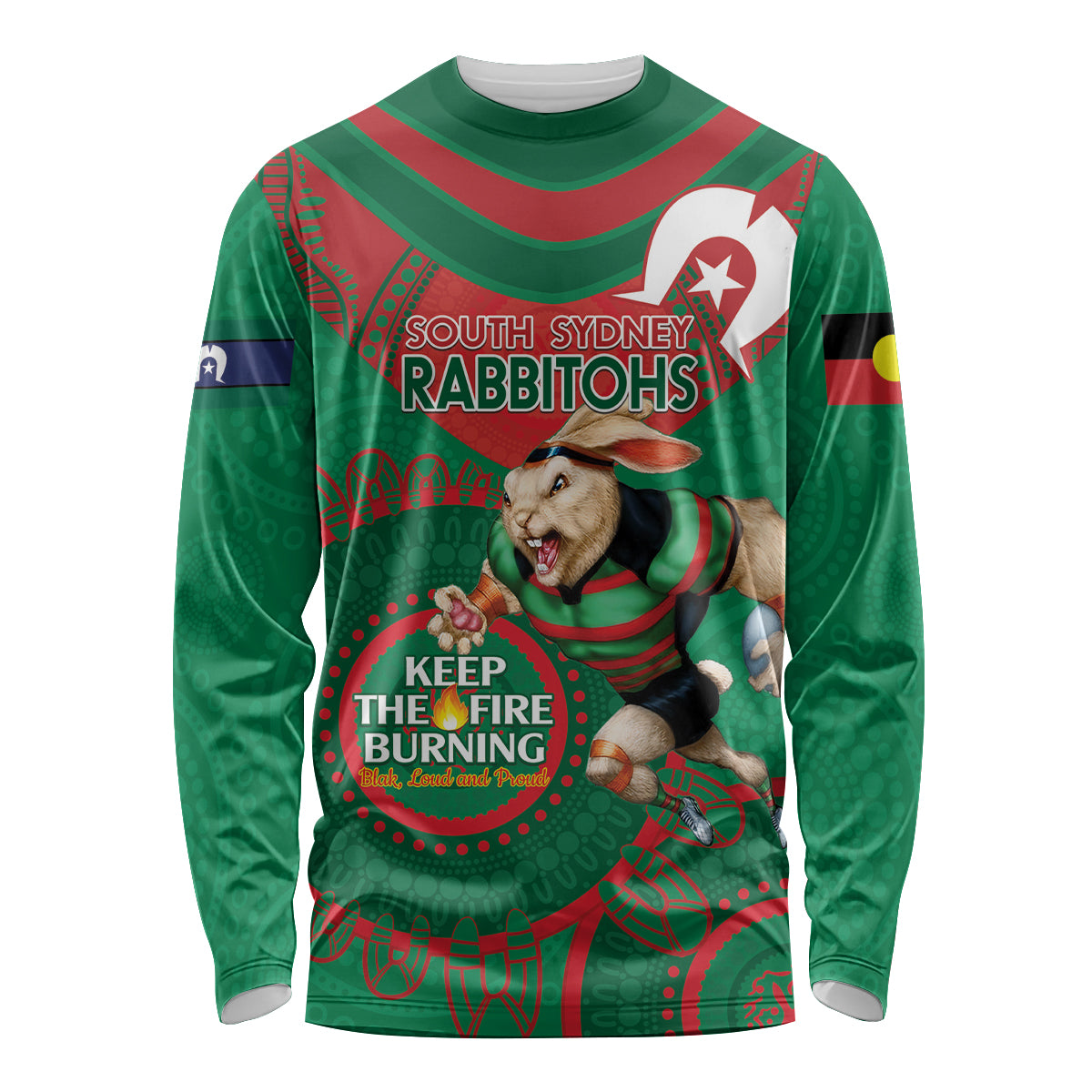 Custom NRL Rabbitohs NAIDOC Week Long Sleeve Shirt Keep The Fire Burning Indigenous Art