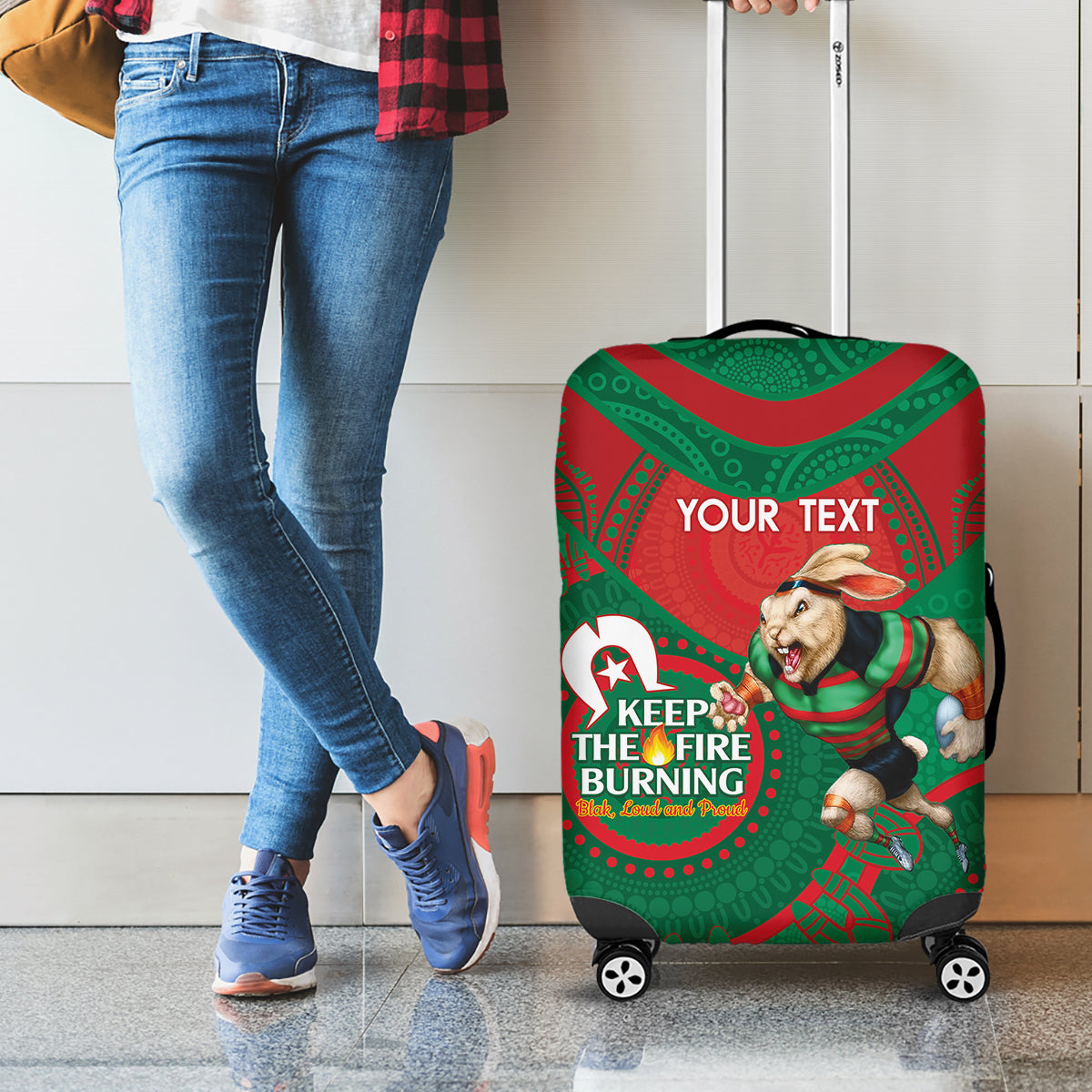 Custom NRL Rabbitohs NAIDOC Week Luggage Cover Keep The Fire Burning Indigenous Art