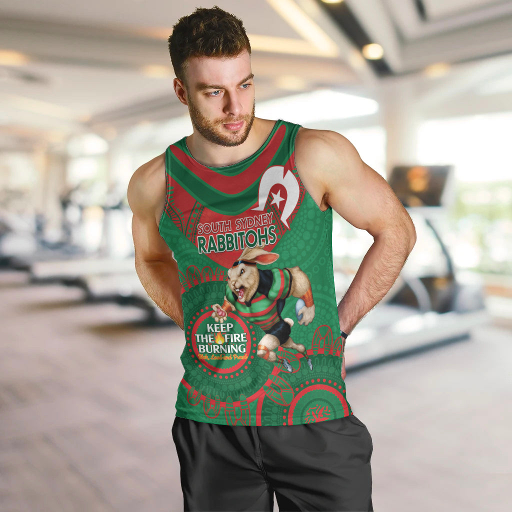 Custom NRL Rabbitohs NAIDOC Week Men Tank Top Keep The Fire Burning Indigenous Art